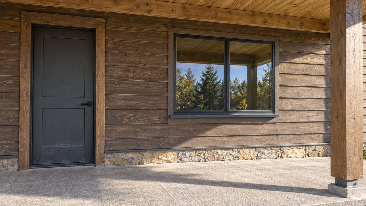 Weathered cedar siding, a charcoal front door, and a two-pane window beneath a timber porch roof, with morning light across the concrete porch.