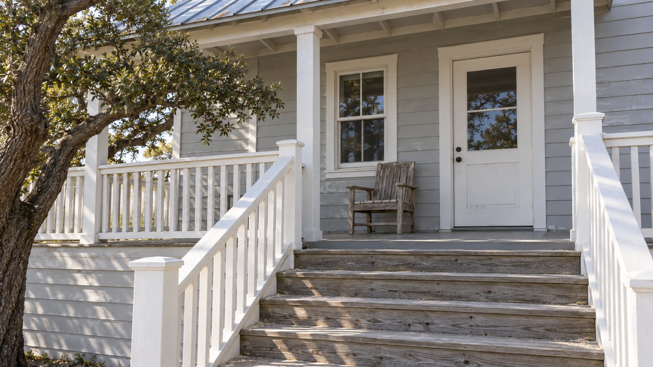 Sunlit timber stairs rise to a pale-gray cottage porch with white railings, a glazed entry door and a weathered chair.