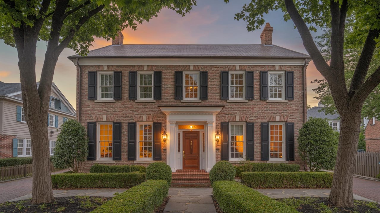 Two-story brick house with black shutters, glowing windows, and a front path at sunset.