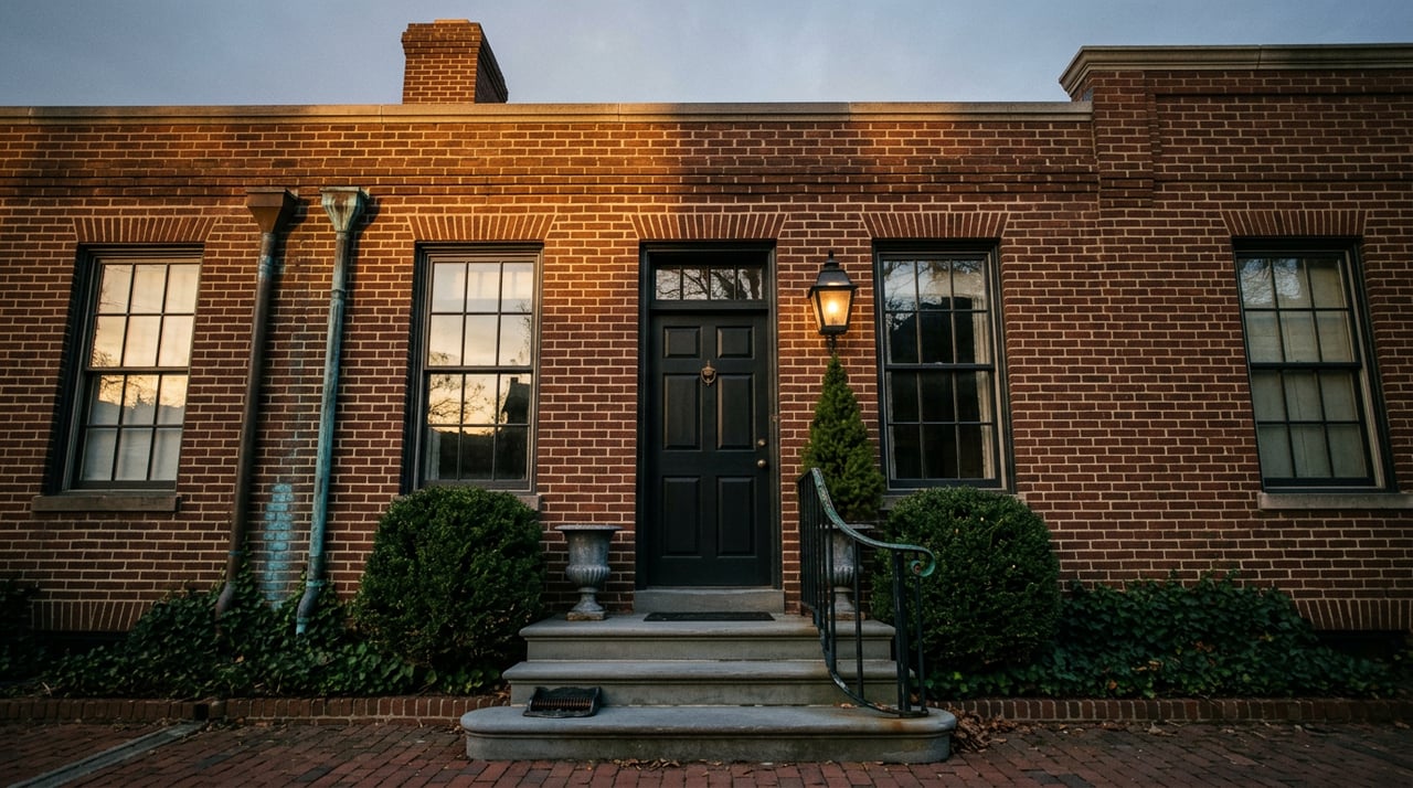 Brick rowhouse entry with black door, bluestone steps, iron rail, and clipped boxwoods in urns.