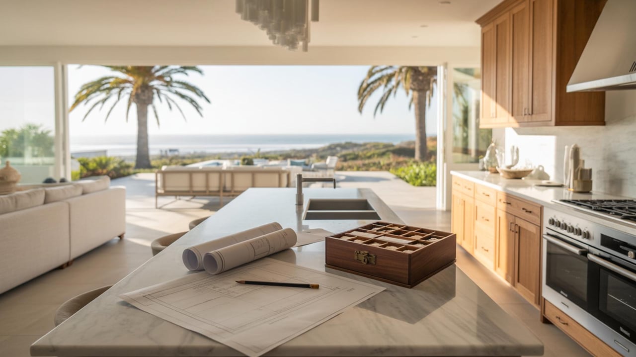 Scenic coastal neighborhood in Huntington Beach with modern homes, palm trees, and ocean views at sunset.