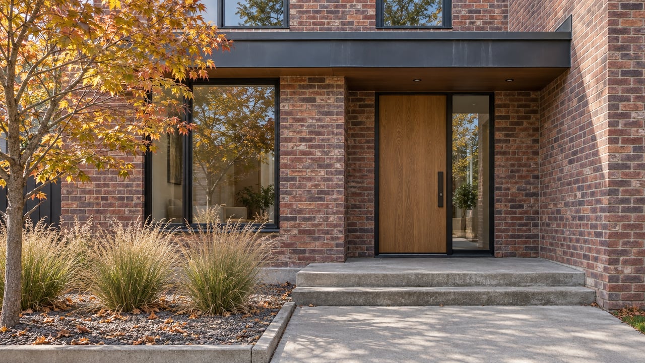 Sunlit brick home entry with an oak door, charcoal canopy, concrete steps and autumn maple foliage.