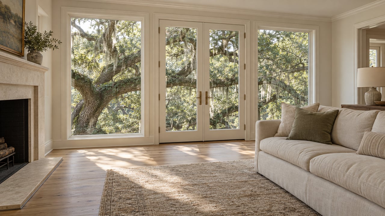 Cream sofa in a pale oak living room facing glazed doors, with a mature oak tree outside.