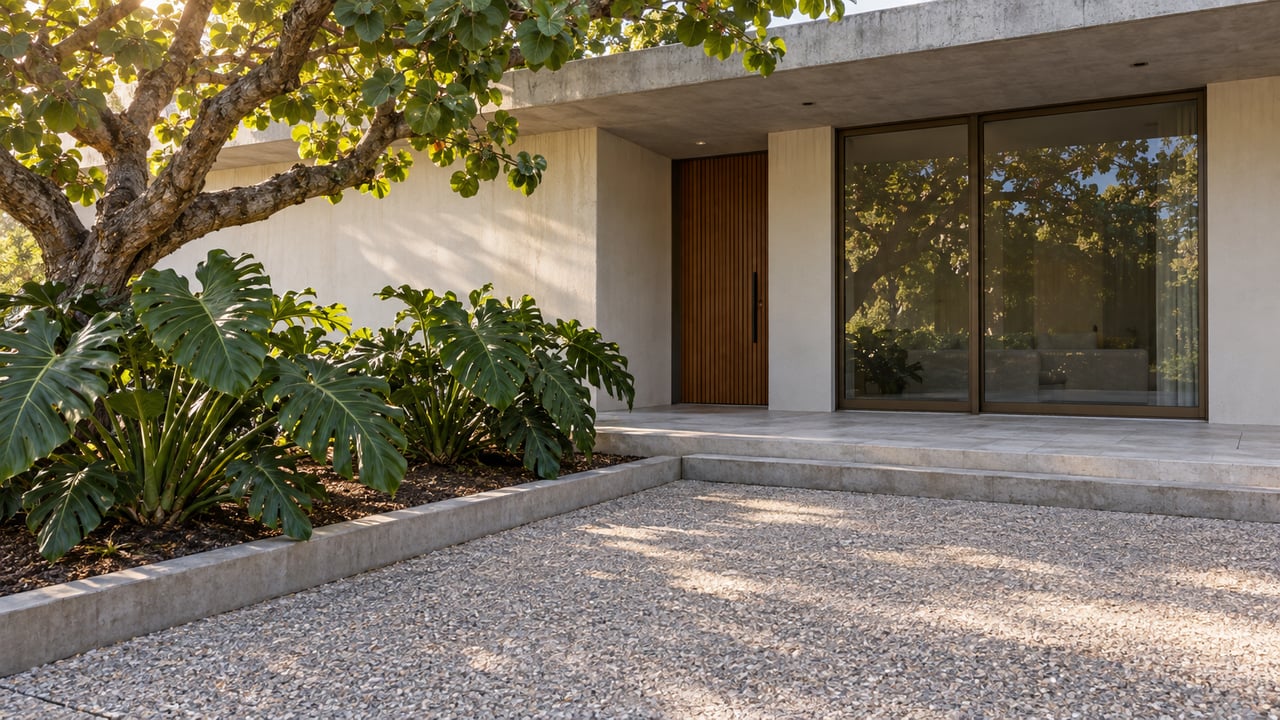 Contemporary stucco house with a recessed entry, bronze-framed windows, and a tree-shaded paved approach.