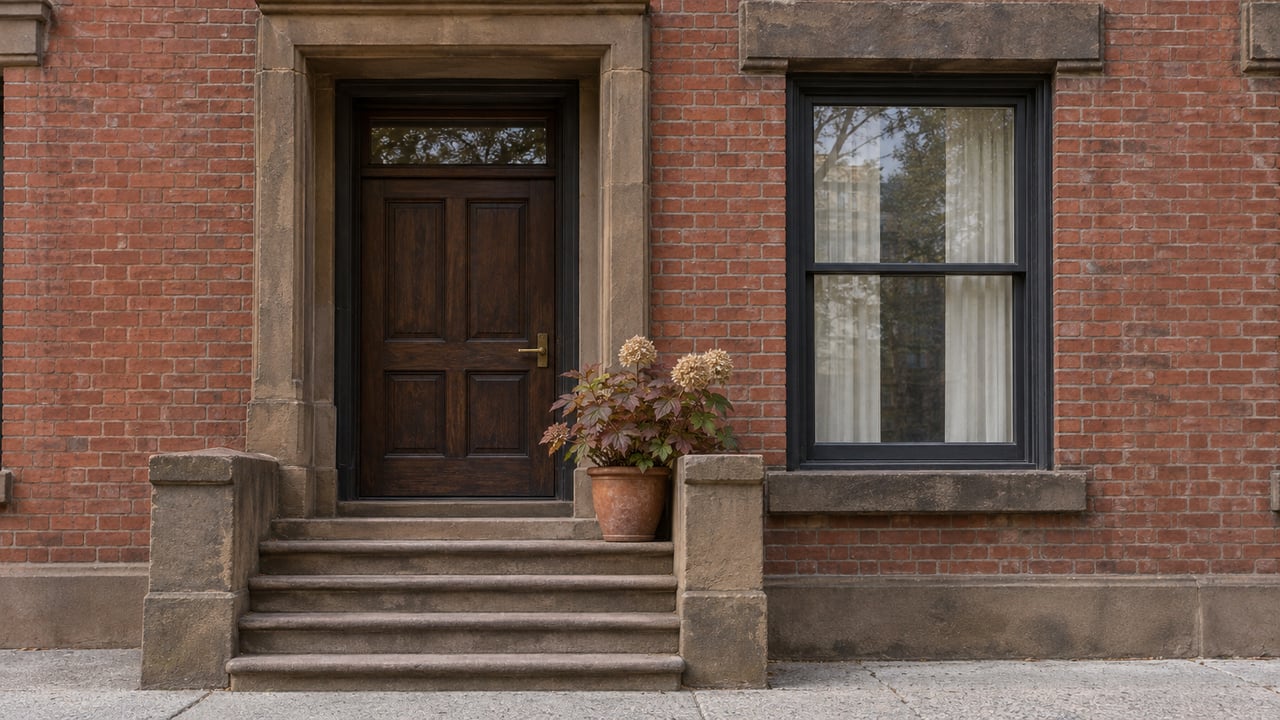 Restored red-brick rowhouse entry with a dark oak door, sandstone steps, a tall sash window, and one potted oakleaf hydrangea.