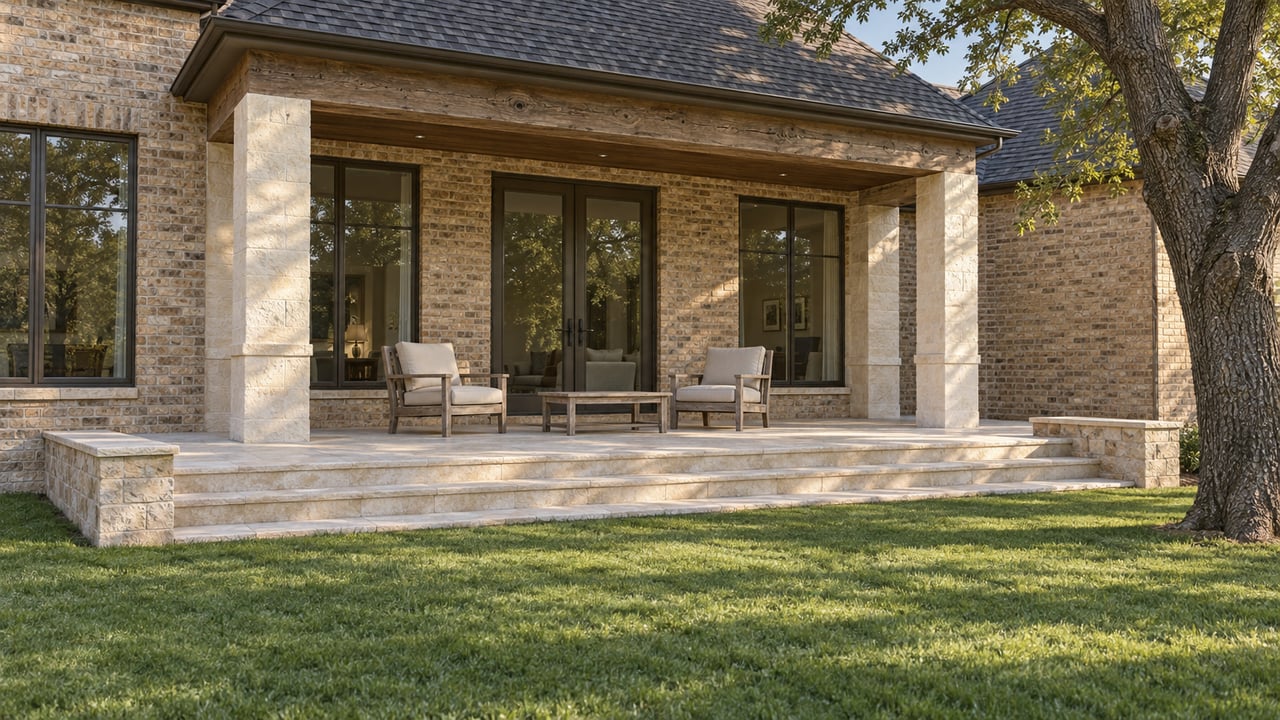 Buff-brick home with a limestone terrace, covered seating area, and broad lawn beside a mature post oak.