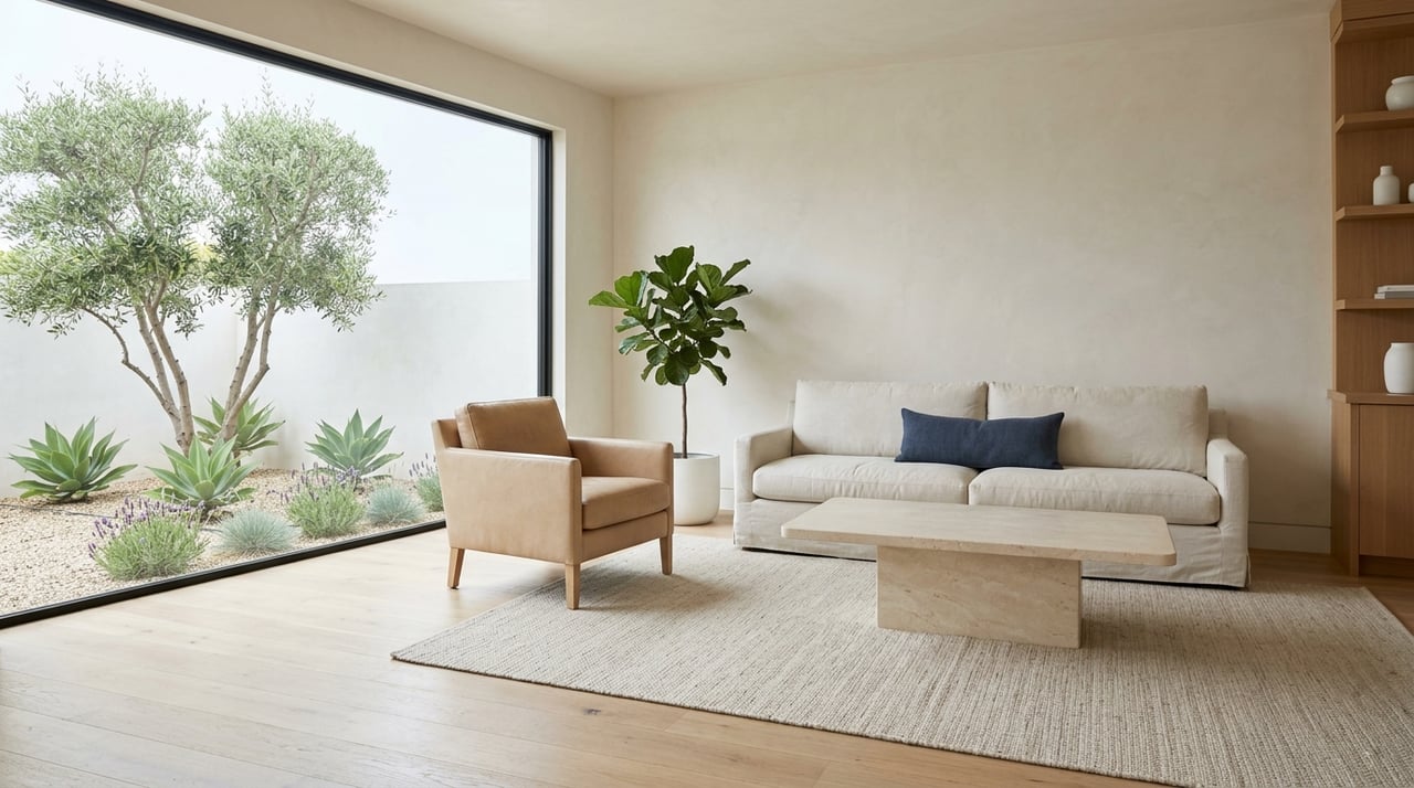 Coastal living room with white oak, linen furnishings, and greenery visible through a large window.