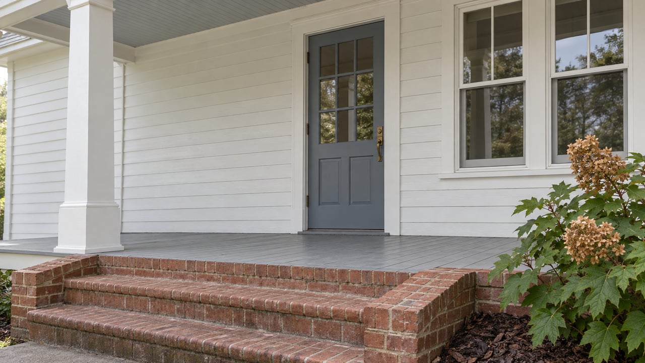 Covered porch with warm-white siding, a blue-gray glazed door, paired sash windows and worn brick steps beside an oakleaf hydrangea.