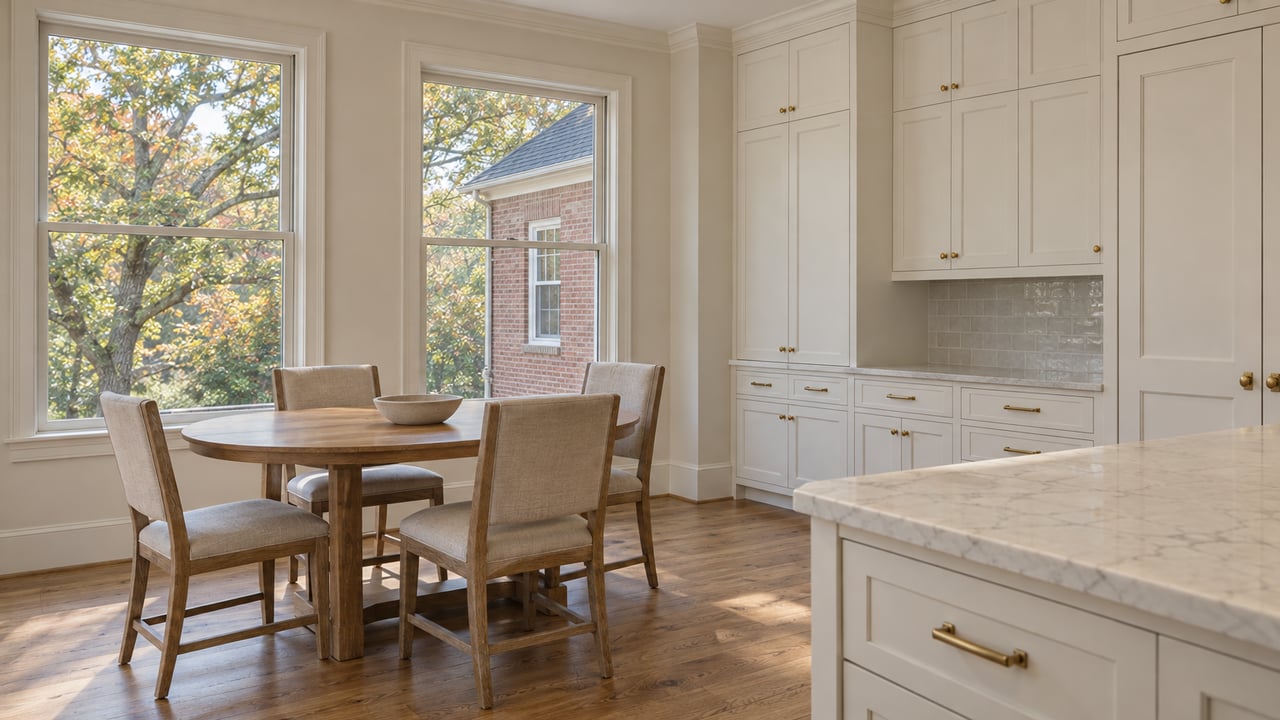 Light-filled kitchen and breakfast bay with white cabinetry, an oak table and views of a mature oak and brick exterior wing.