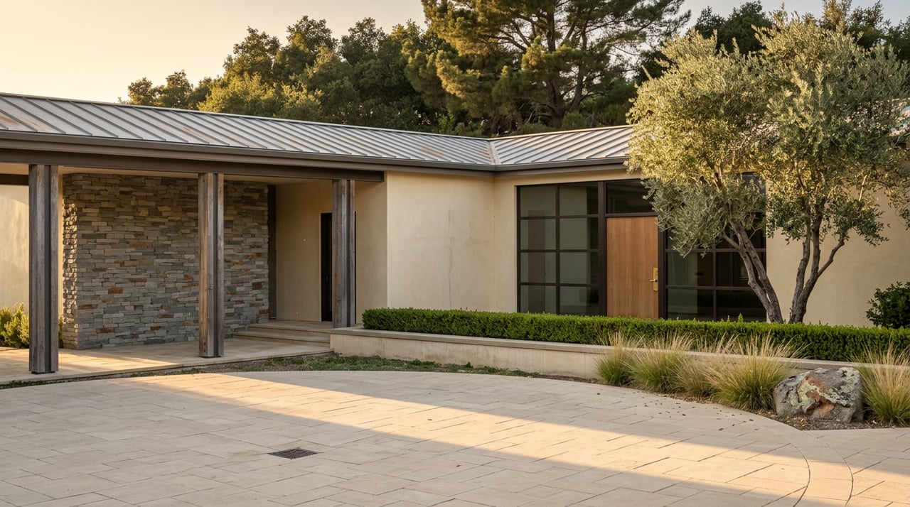 Estate entry faces a limestone motor court, framed by stone, stucco, and an olive tree.