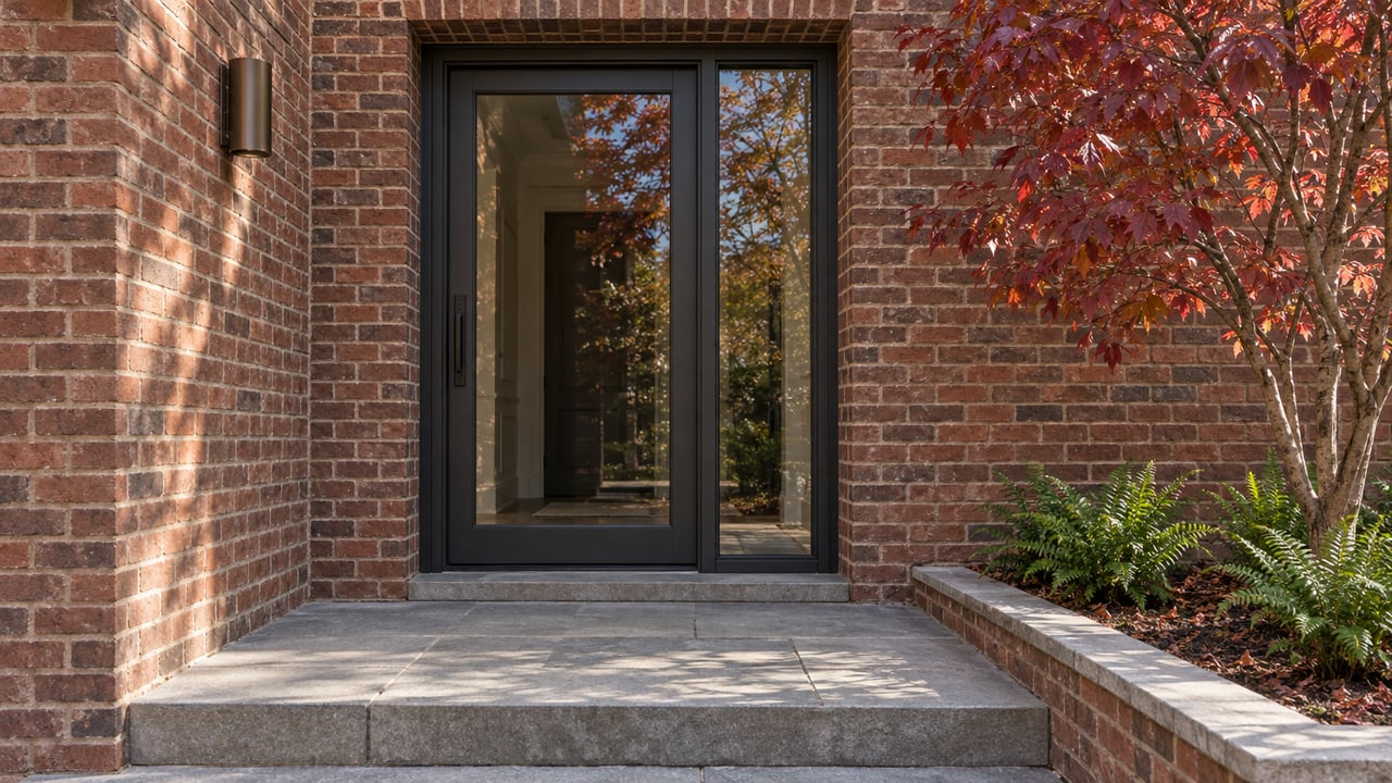 Russet brick residential entrance with a steel-framed glass door, limestone step and burgundy dogwood leaves.