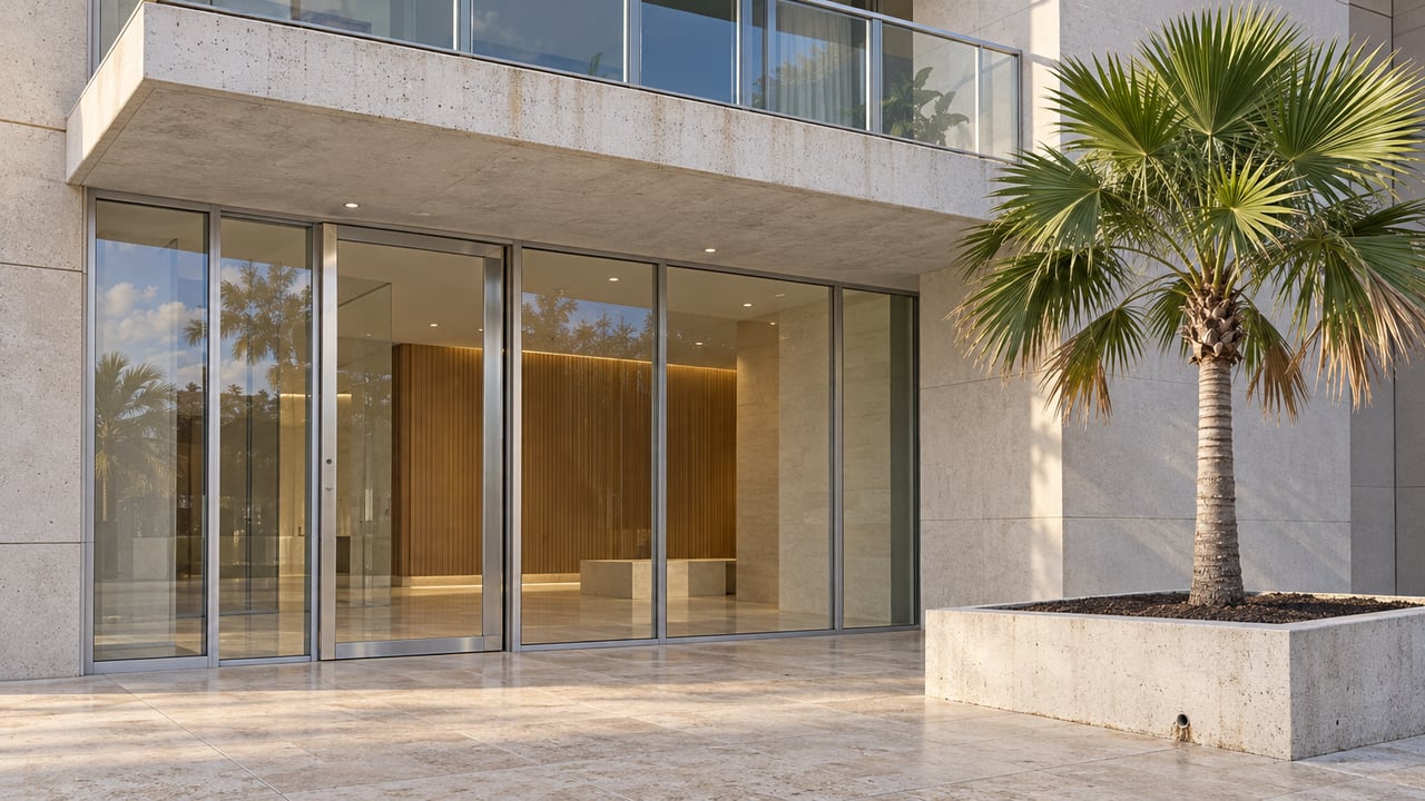 Sunlit white concrete balcony above a glazed residential entrance, with pale stone paving and one fan palm in a raised planter.