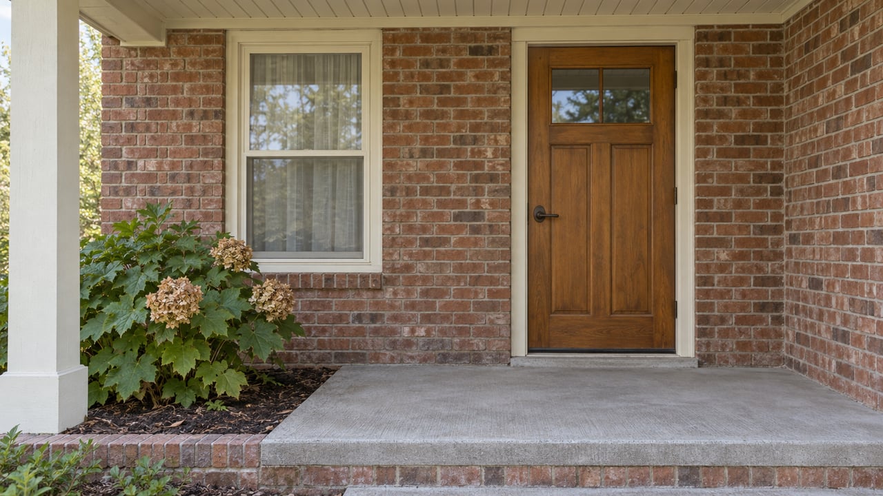 Red-brown brick bungalow entrance with a honey-colored wood door, cream trim, concrete porch and oakleaf hydrangea.
