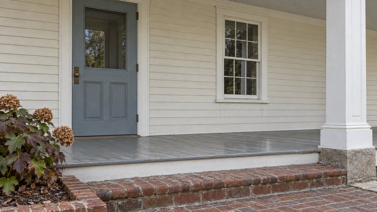 Close view of a cream clapboard home's covered porch with a blue-gray door, sash window, worn painted decking and brick steps beside oakleaf hydrangea.