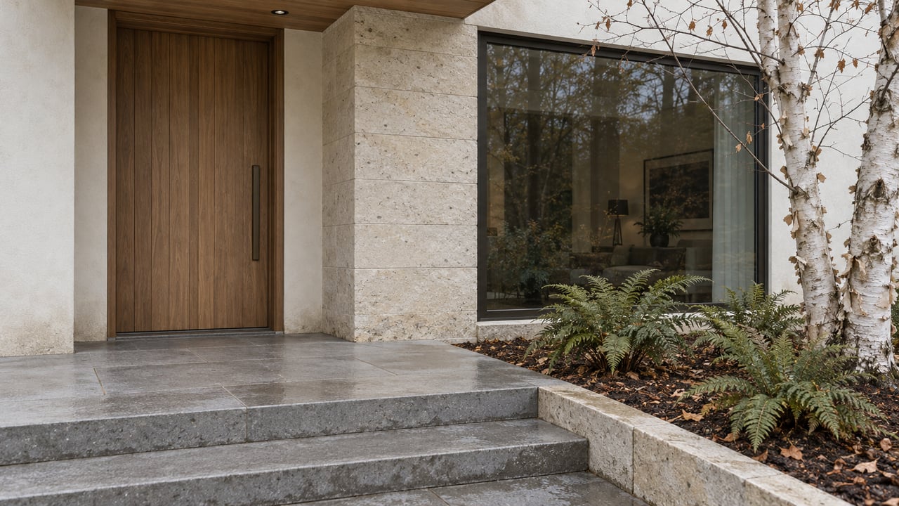 A cedar entry door and dark-framed window above weathered limestone steps, beside a white-barked birch and evergreen ferns.
