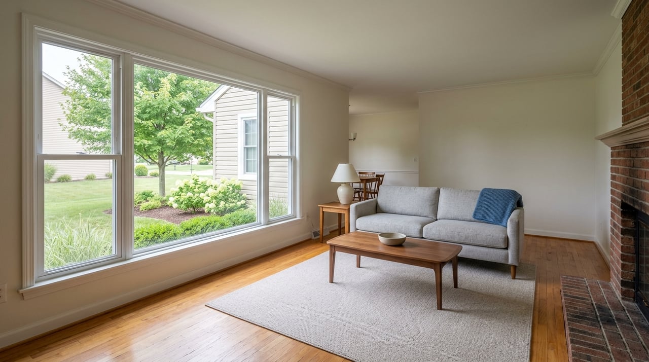 Bright modern living room with large windows and neutral decor