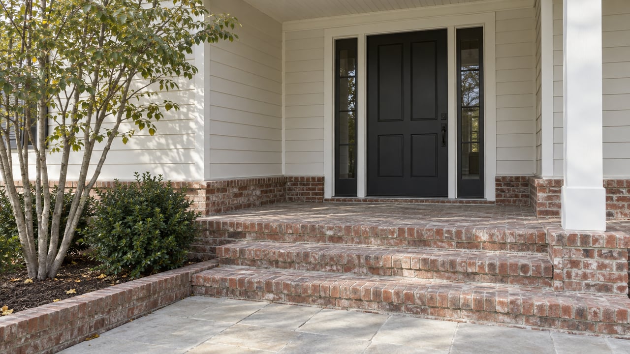 Detached home's porch entry with black paneled door, glazed sidelights, brick steps, and limestone approach.