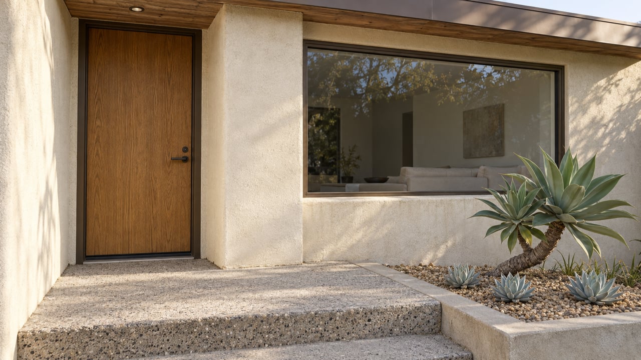 Warm stucco home entrance with an oak door, bronze-framed window and sculptural succulents beside a raised concrete landing.