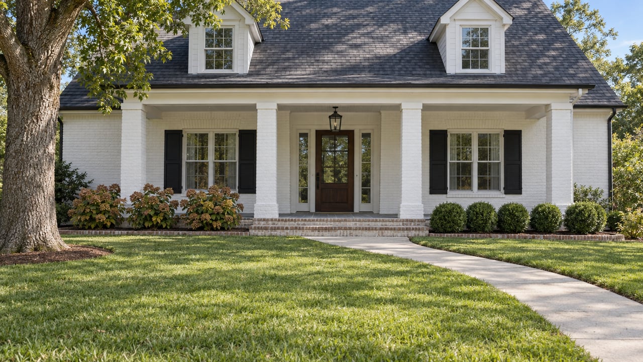White-painted brick house with black shutters, a broad covered porch and a curved concrete walk across a deep lawn.