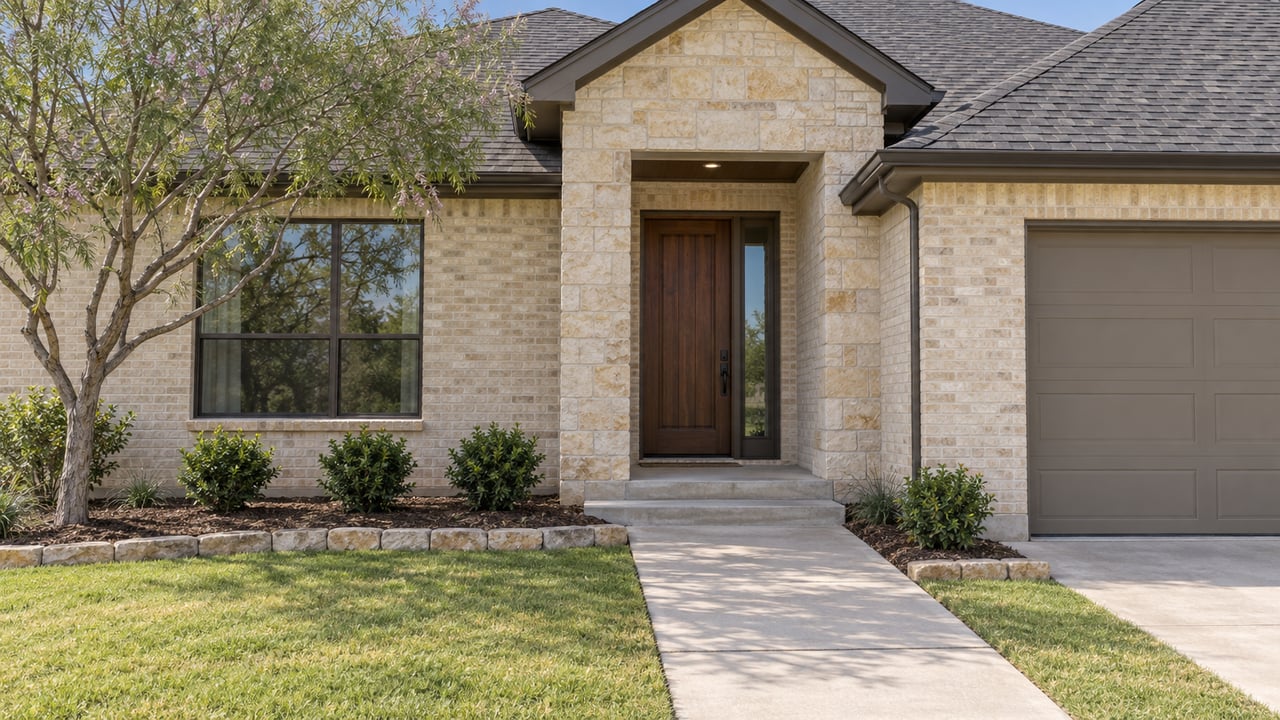 Cream brick and limestone home with a recessed wood entry, dark-framed window, and concrete approach bordered by lawn and a sculptural flowering tree.