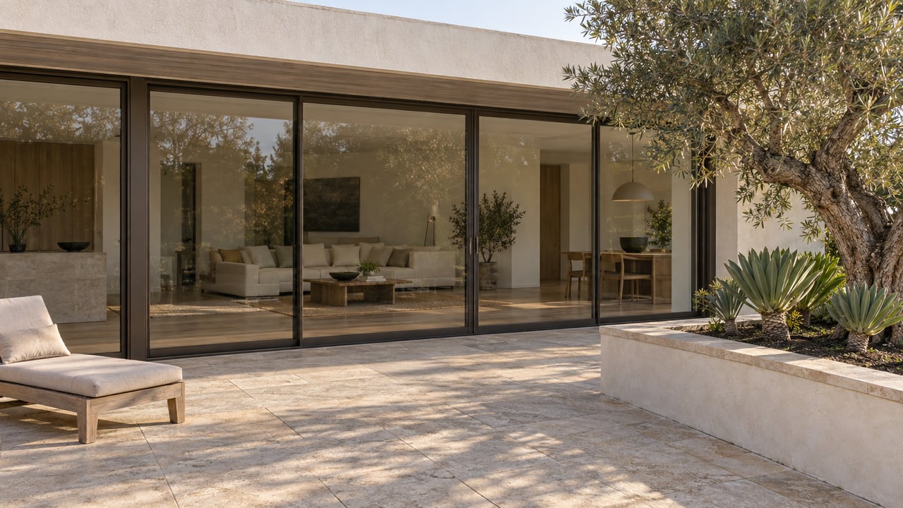 Contemporary home's limestone rear terrace, shaded bronze-framed glazing, a weathered teak chair, and a raised planter with an olive tree and fan aloes.