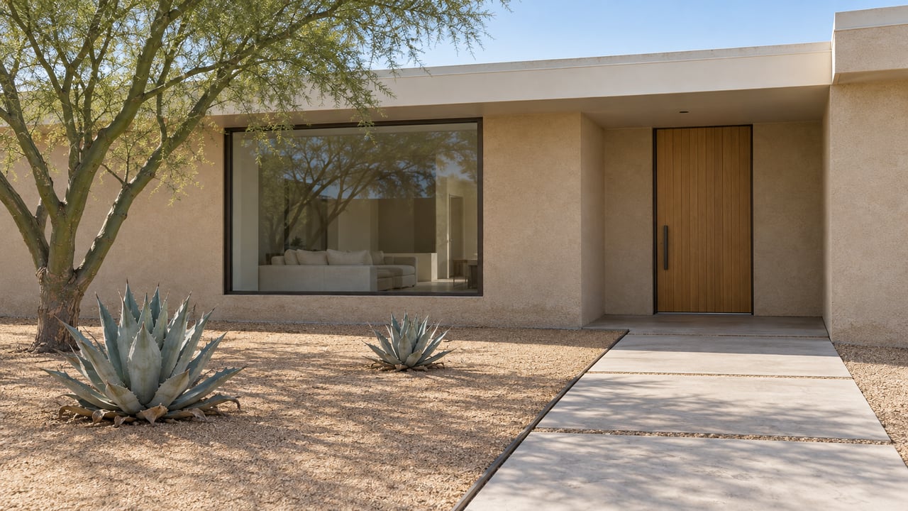Sunlit low-roofed desert home with a recessed wood entry, bronze-framed window, concrete approach and sculptural blue-green agaves.