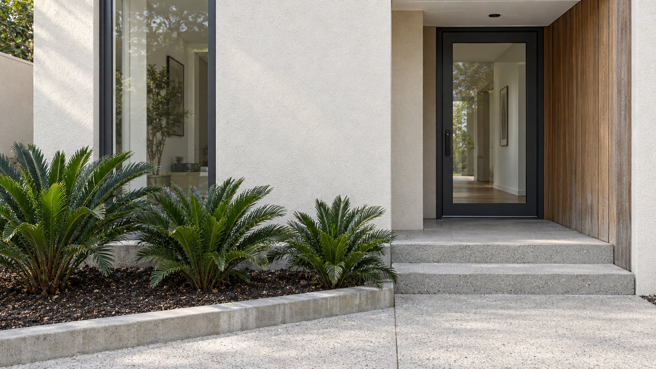 Daylit contemporary home entry with pale stucco, charcoal-framed glazing, weathered wood and three coontie plants beside concrete steps.