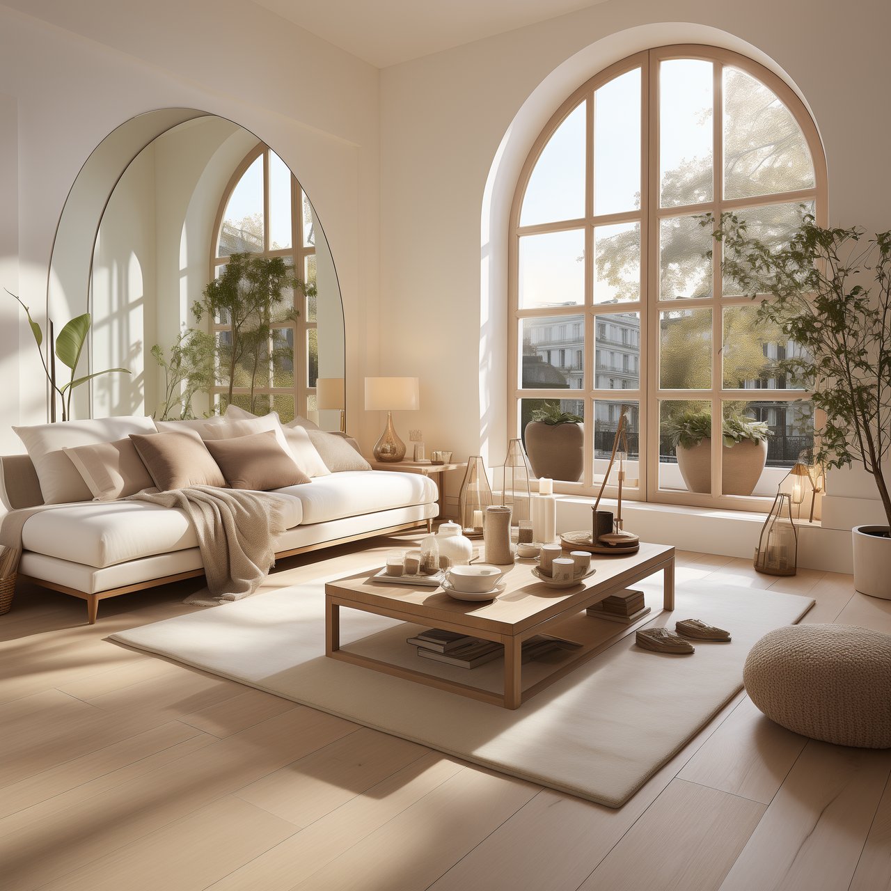Sunlit living room with arched windows and neutral furnishings
