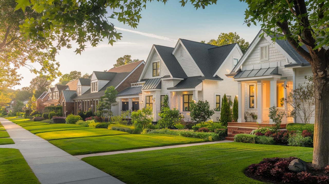 Row of white and gray suburban houses with front porches, manicured lawns, and a sidewalk beneath leafy trees.