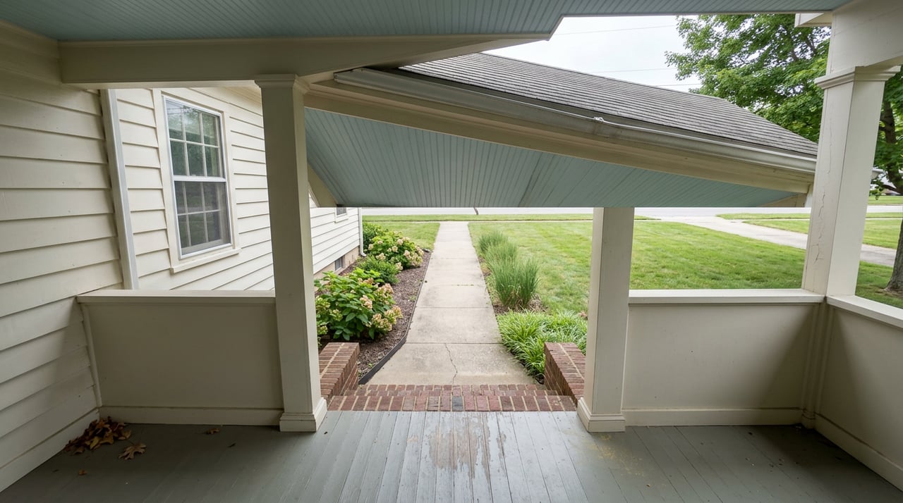 Covered porch with blue beadboard ceiling and gray-green floorboards, looking past white posts to a lawn and shade tree.