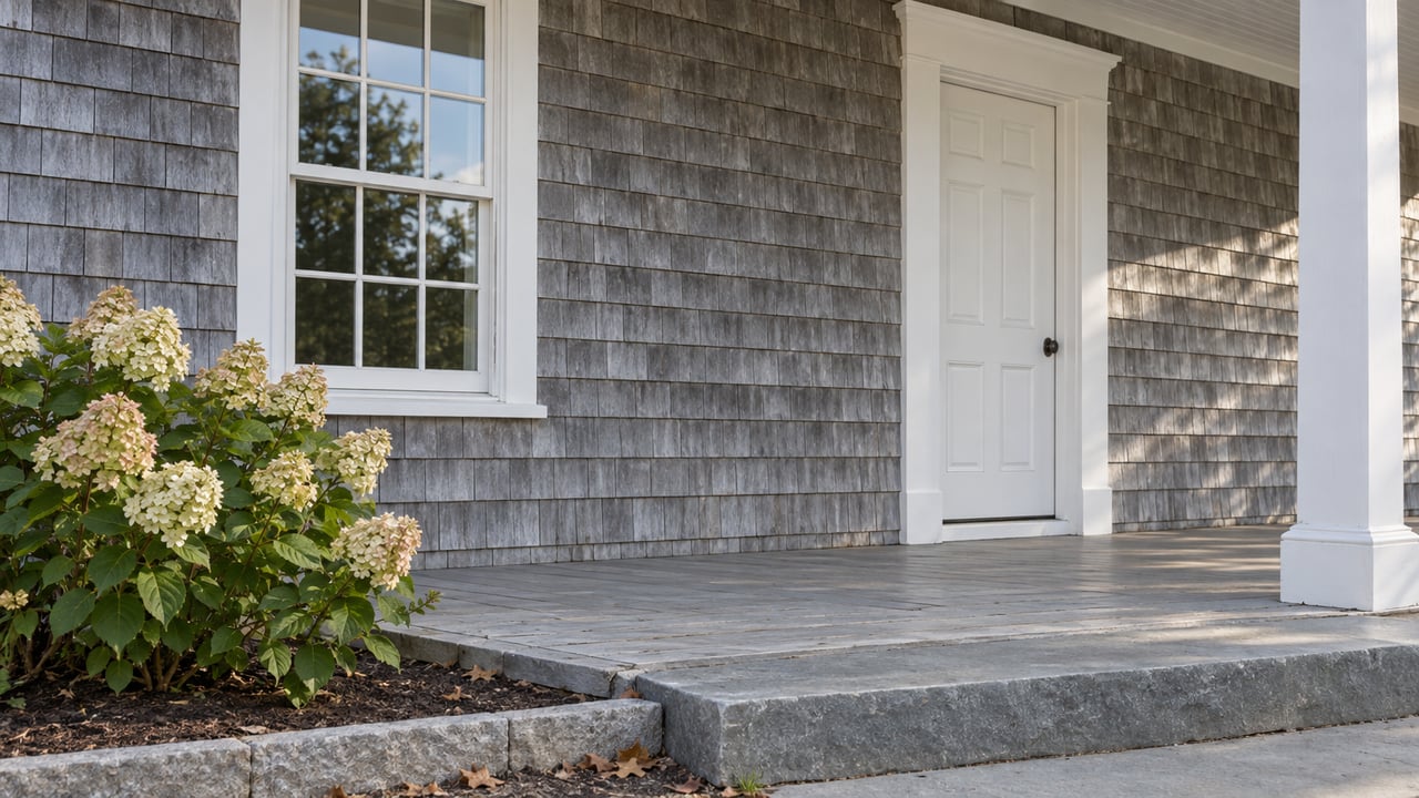 Weathered gray-shingled porch with a white six-over-six window, paneled door, bluestone step, and hydrangea.