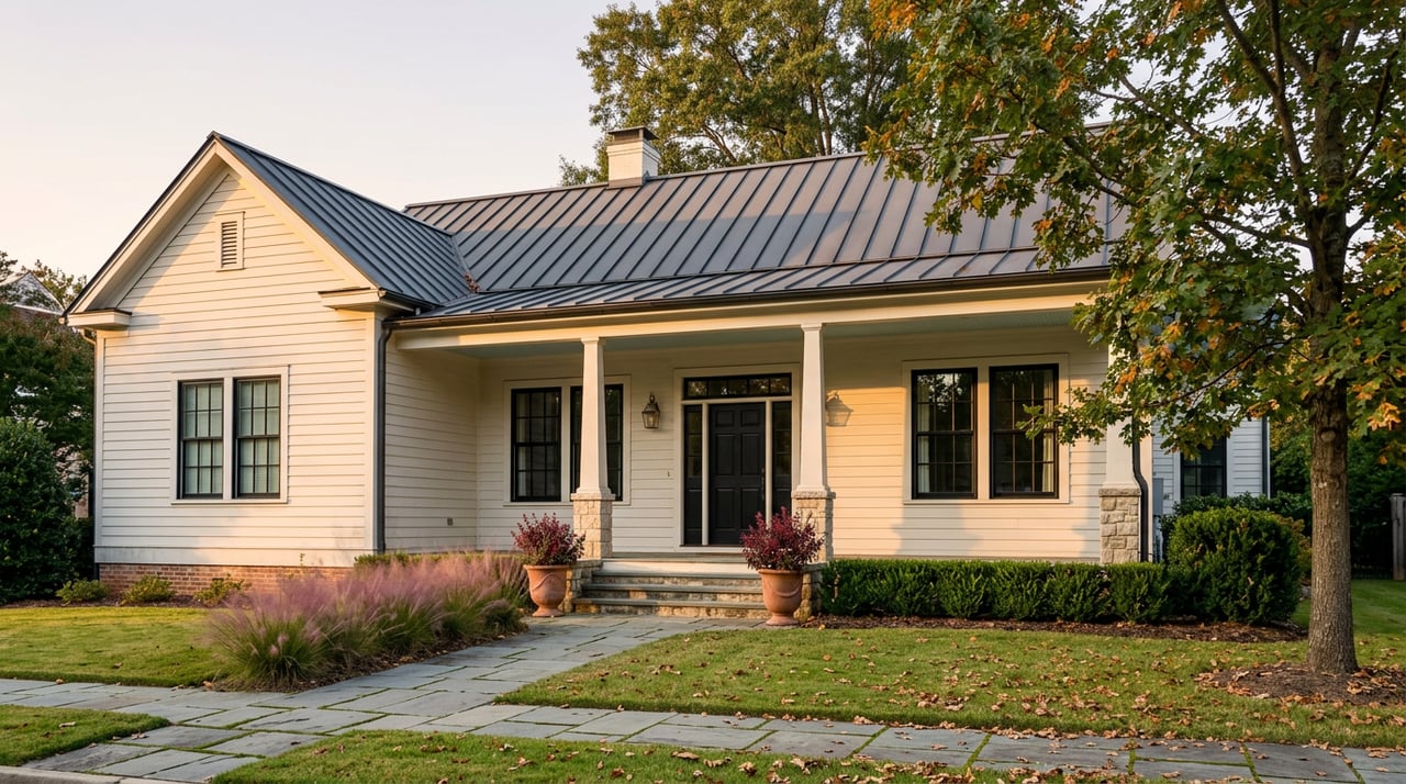 Symmetrical off-white house with black windows, covered porch, charcoal roof, and autumn oak leaves scattered along the walkway.