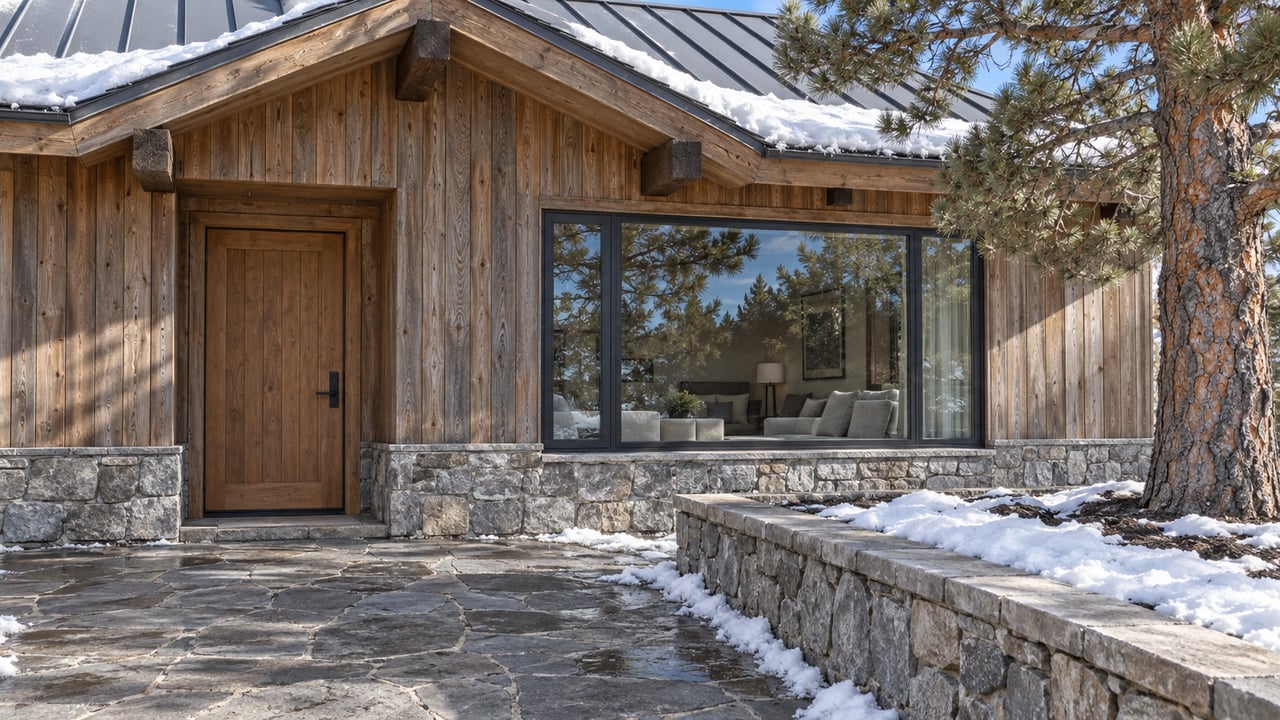 Timber home with a broad snowy gable, stone foundation and cleared flagstone approach beside a mature pine in bright winter sunlight.