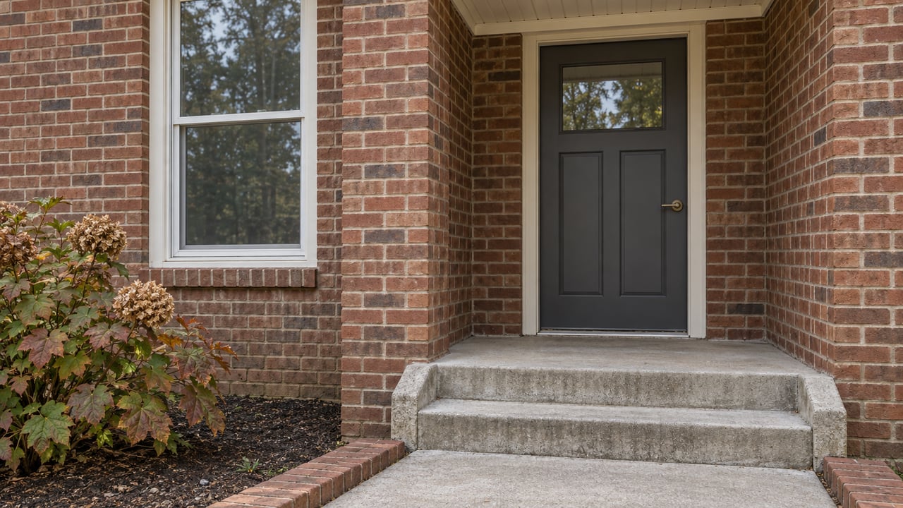 A recessed charcoal front door and white-trimmed window in a red-brown brick home, above worn concrete steps beside an autumn oakleaf hydrangea.