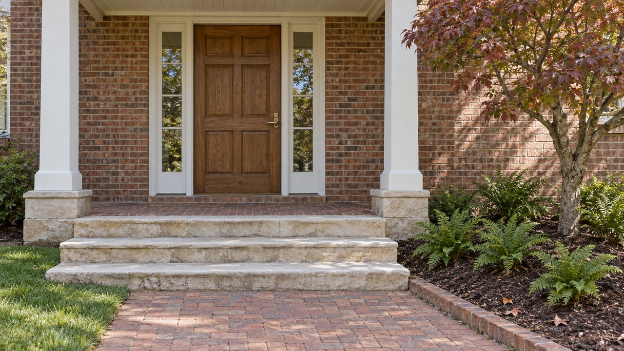 Brick home entrance with an oak door, paired glass sidelights, limestone steps and a dogwood beside a planted bed.