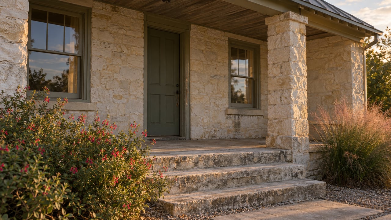 Limestone house porch with an olive door, sash windows, worn stone steps, and flowering salvia.