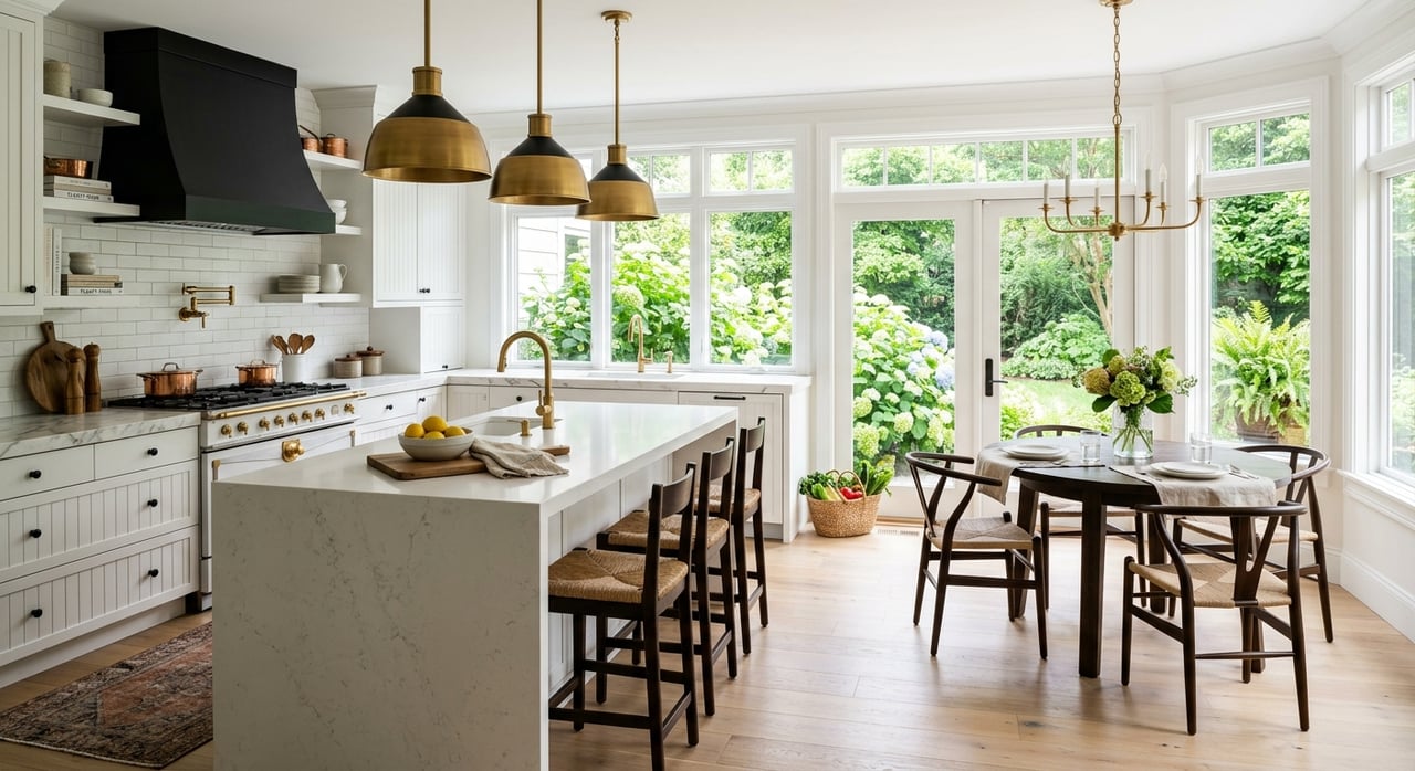 White kitchen with veined marble island, black fixtures, brass pendants, and windows overlooking a lawn.