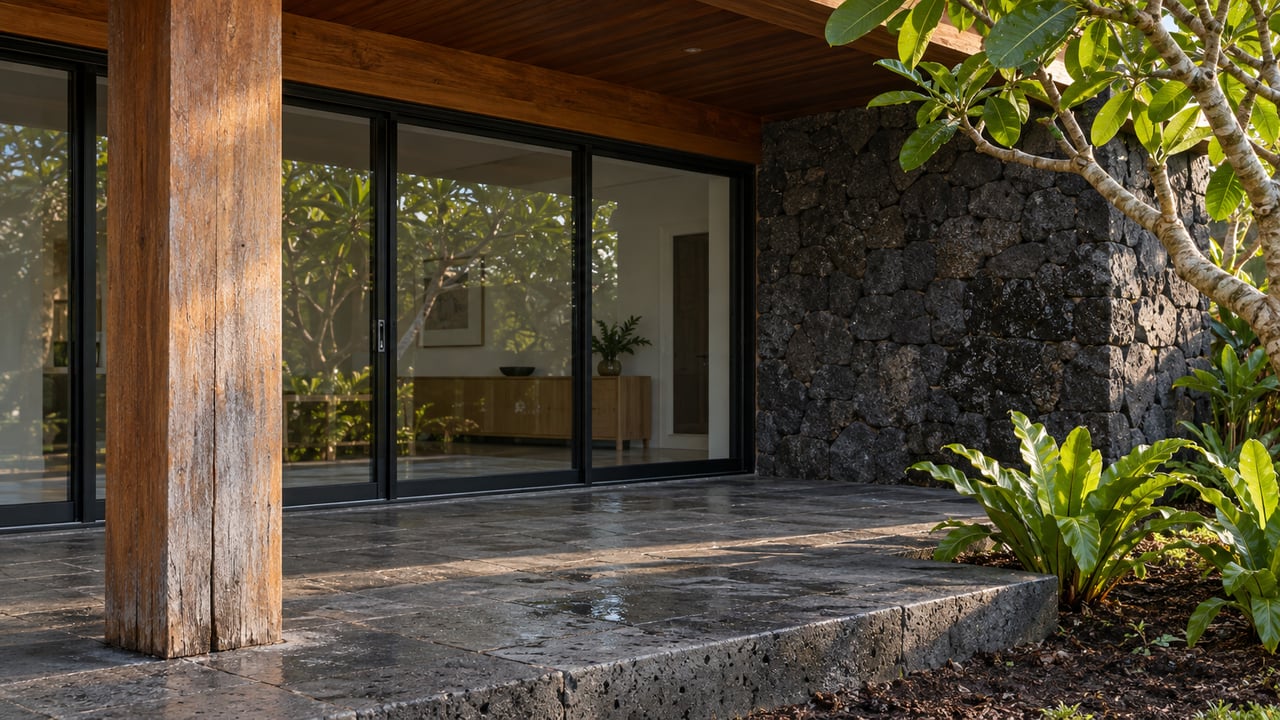 Sunlit timber veranda beside dark volcanic stone, closed glass doors and carefully spaced tropical planting.