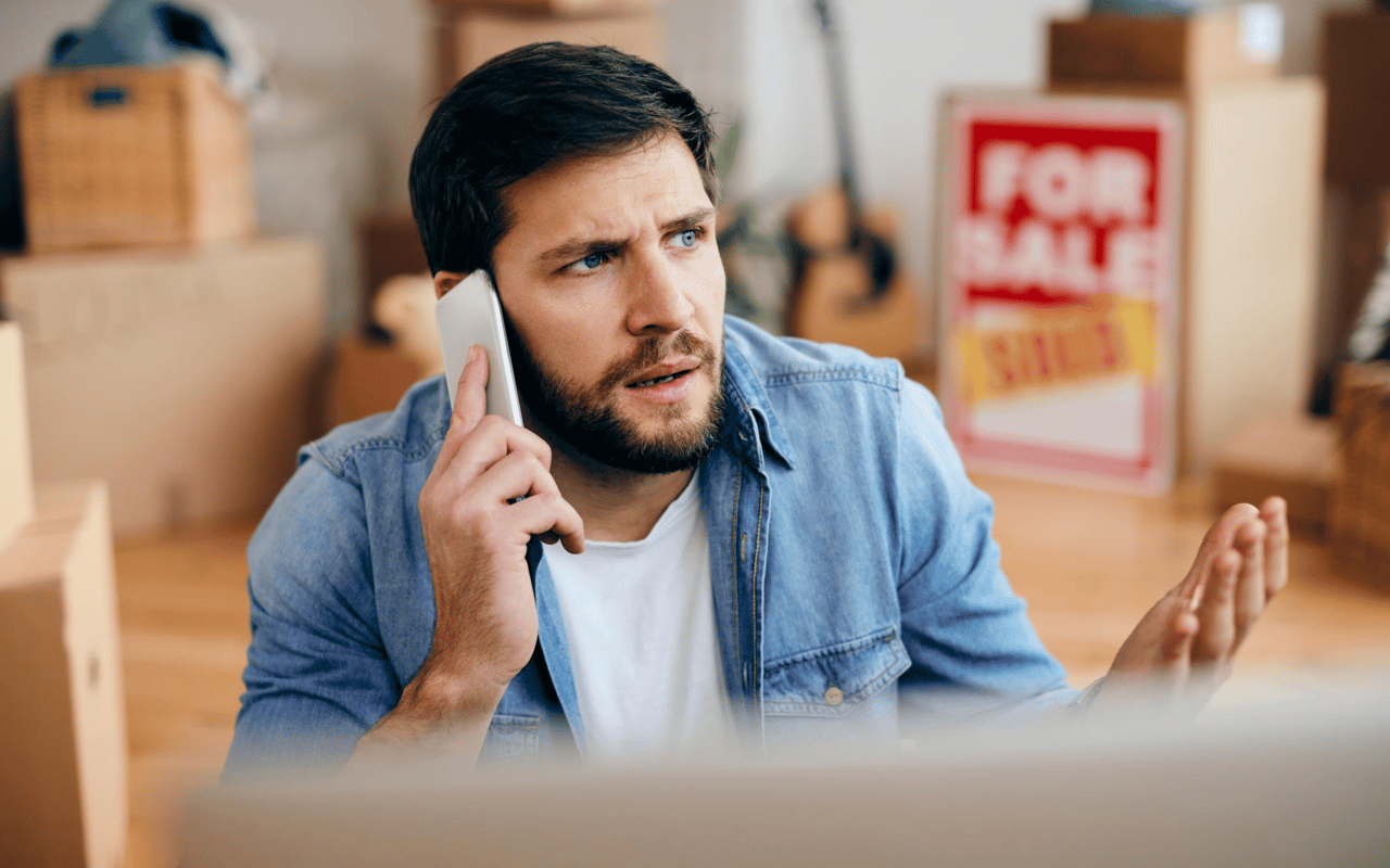 Concerned man on phone among moving boxes, with a FOR SALE sign behind him.