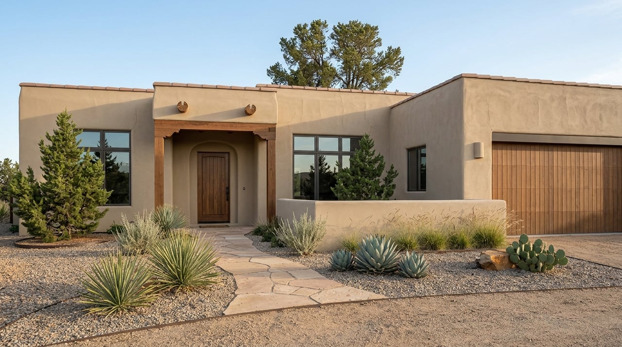 Tan stucco desert home with recessed portal, wood garage door, gravel drive, and desert plants.