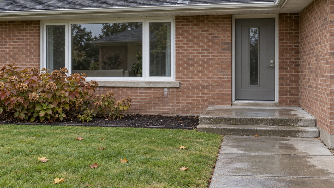 Rain-darkened concrete approach leading across a lawn to a modest brick ranch entry, with a wide white-framed window and autumn oakleaf hydrangea.
