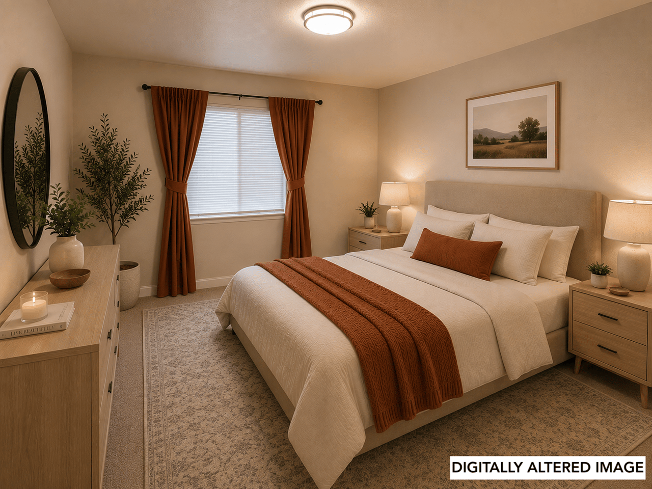 Spacious virtually staged primary bedroom with modern furnishings and neutral décor.
