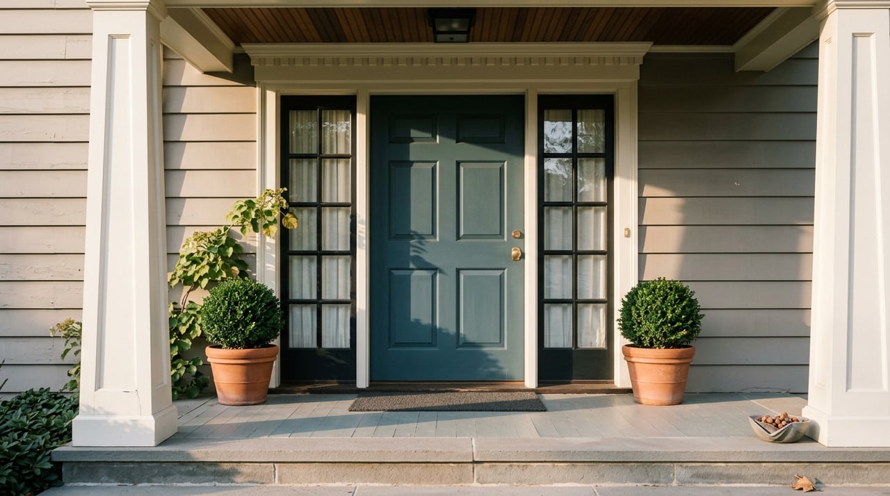 Teal six-panel front door with brass hardware, flanked by sidelights and terracotta pots with clipped boxwood.