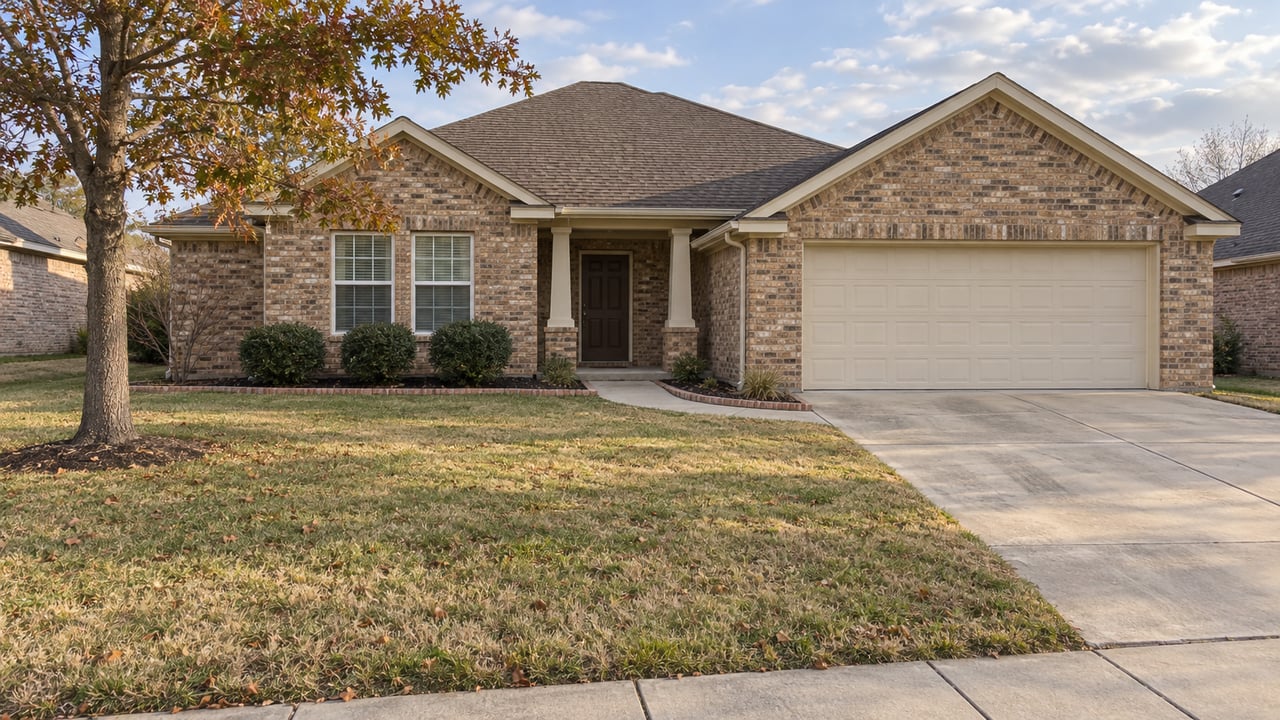 Buff brick single-story home with a recessed porch, two-car garage, deep autumn lawn and a spreading deciduous tree.