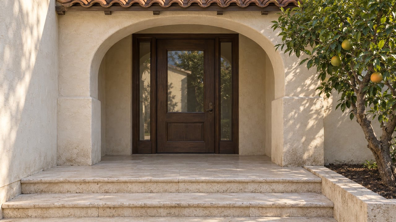 An ivory stucco arched entrance shelters an oak door above cream limestone steps, with a citrus tree beside the landing.