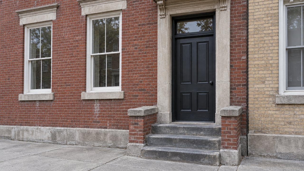 Three-story red-brick residence with a dark paneled door, stone stoop, and white sash windows.