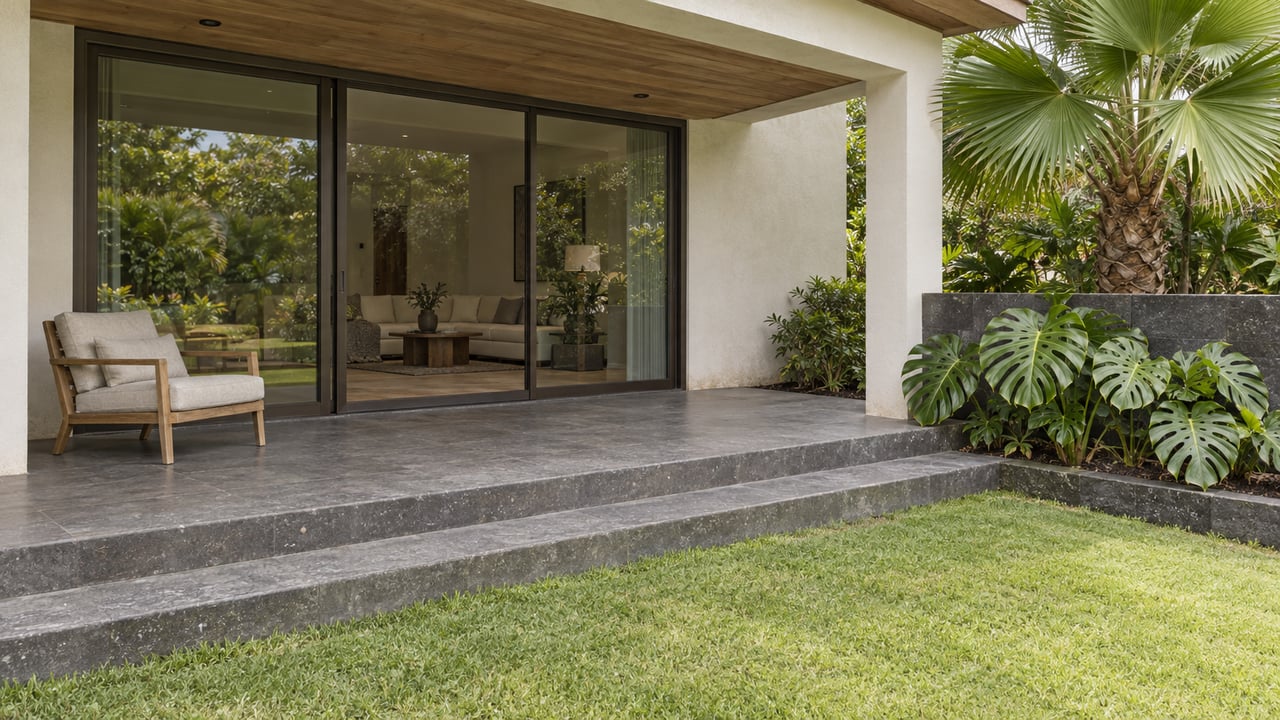 A covered lanai with weathered teak seating, basalt steps, bronze-framed glass doors, and a lawn bordered by a fan palm and split-leaf plants.