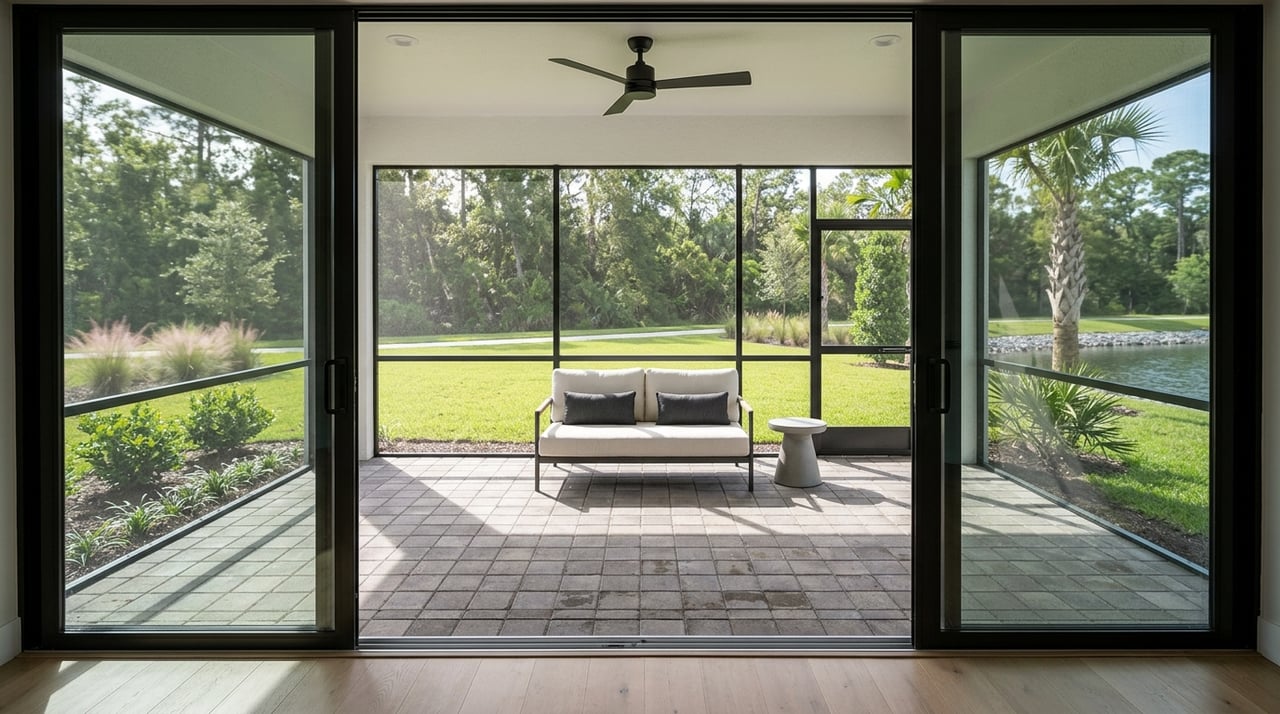 Screened lanai with pavers, black sliding door, and a glimpse of a pond and path.