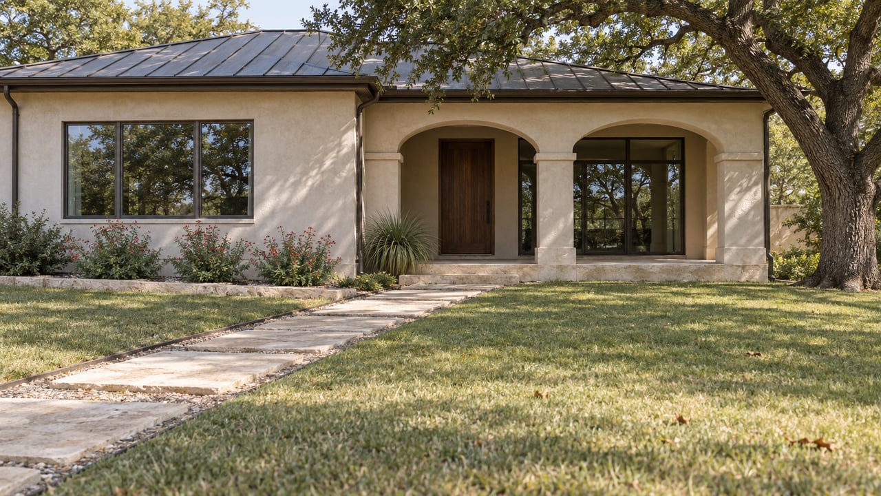 Low pale-stucco home with arched porch, limestone approach and mature oak beside a broad front lawn.