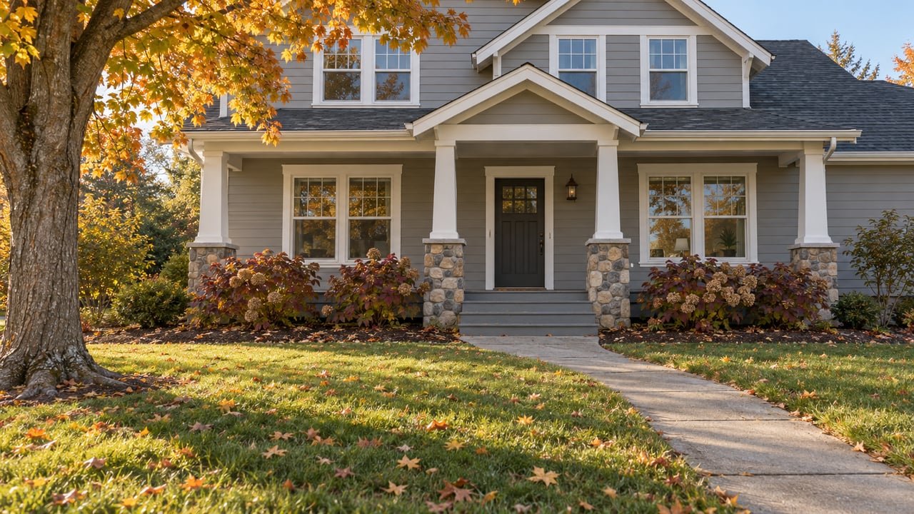 Traditional two-story house with gray siding, a covered front porch, an amber sugar maple and a deep autumn lawn.